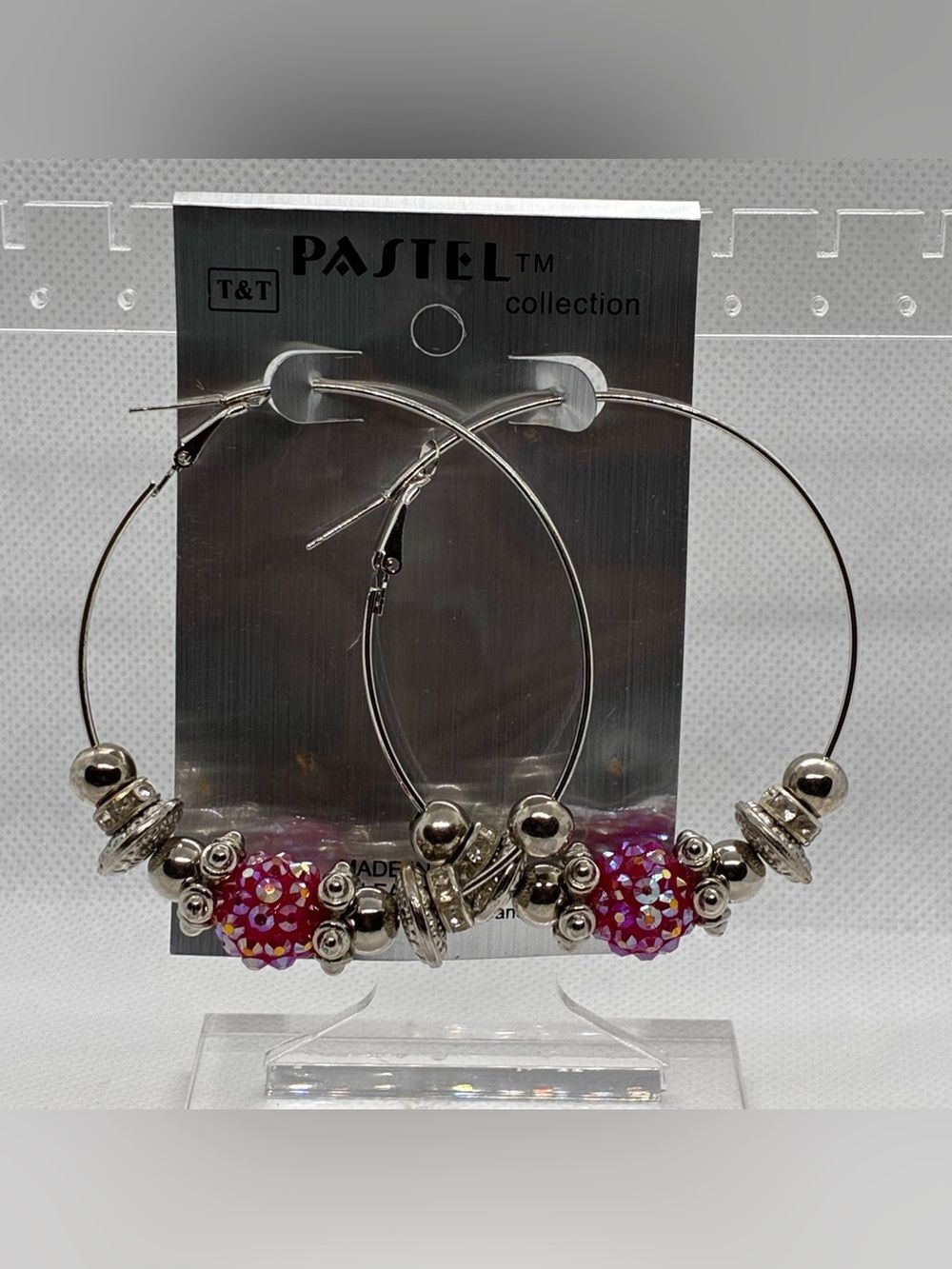 3For$20 Pastel Collection Pink Beaded Silver Fashion Hoop Earrings